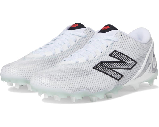 White low-cut lacrosse cleats with black New Balance logo and minty green studs