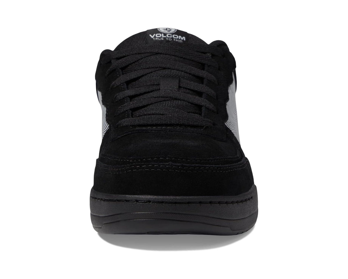 Men's Volcom hybrid skate shoe back view, black lace-up upper with heel logo