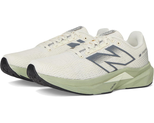 Men's New Balance FuelCell Propel running shoe, white upper with navy N logo and green sole