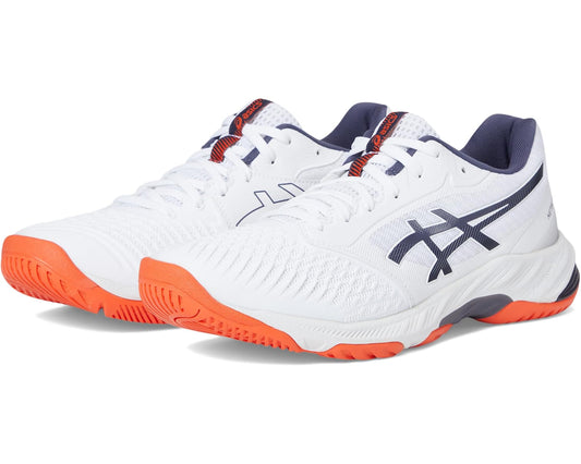 Men's white volleyball shoes, indigo accents, lace-up, orange outsole, ASICS logo