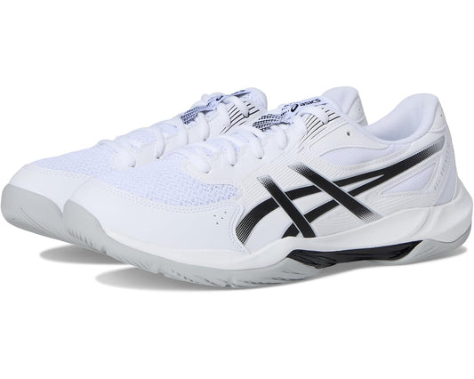 Men's ASICS Gel-Rocket 12 wide tennis shoes in white with black accents