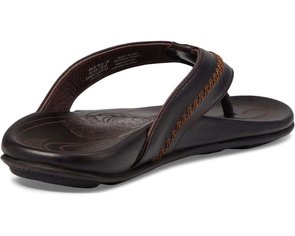 Men's OluKai Mea Ola thong flip-flops, dark brown leather straps with embossed insole