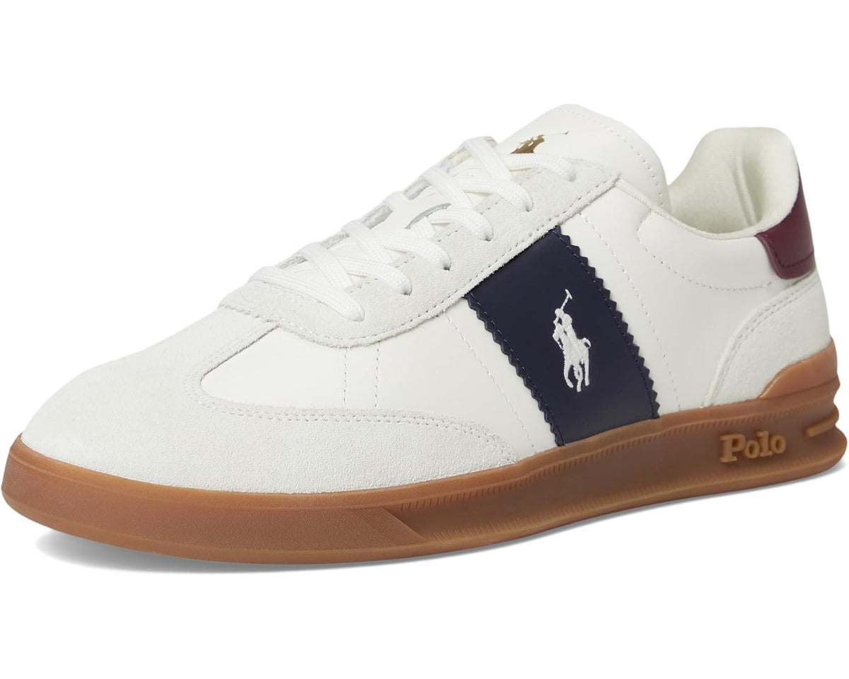 Men's Polo Ralph Lauren leather-suede sneakers, white with navy stripe, tan sole, burgundy heel