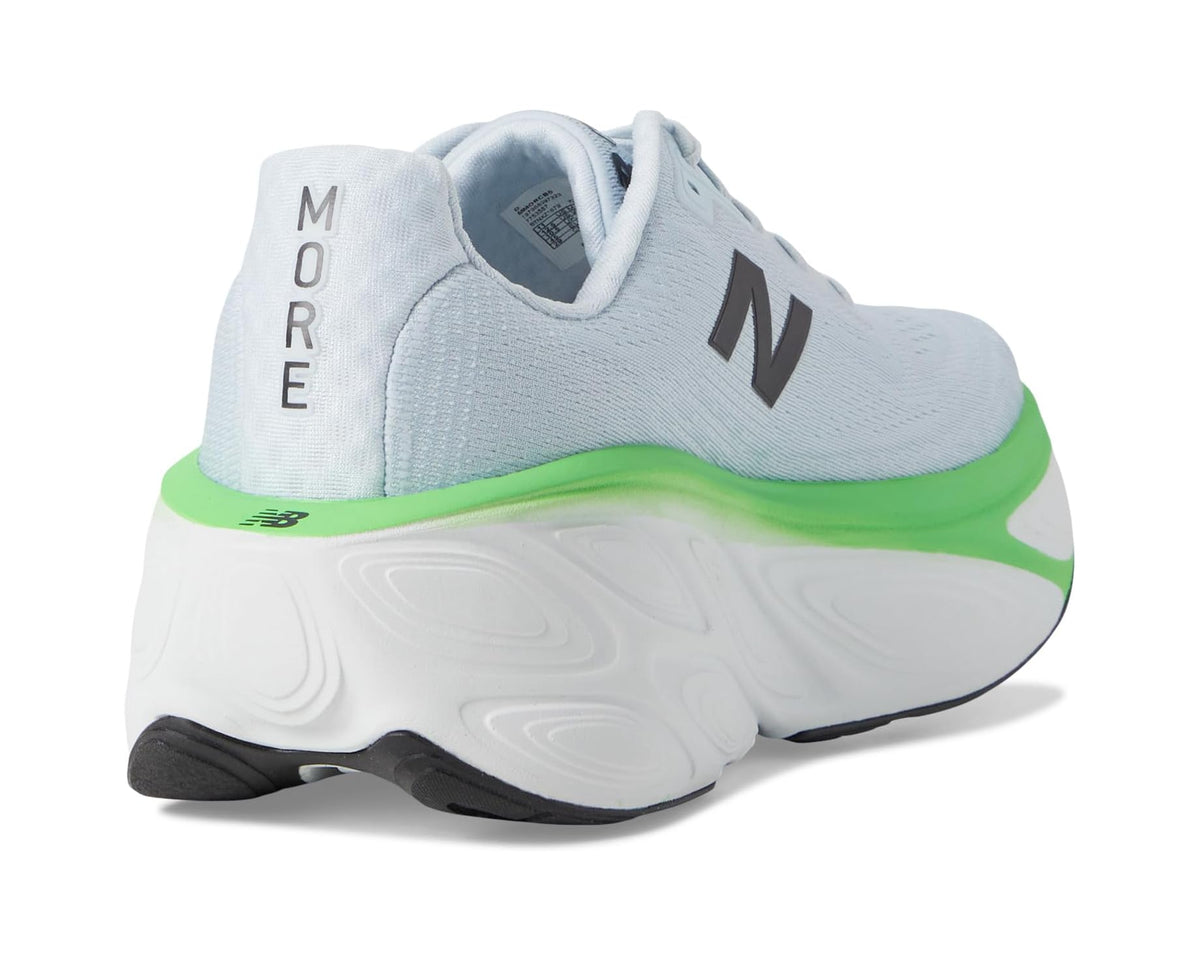 Men's New Balance Fresh Foam X More v5 heel, light blue with green midsole and 'MORE' text