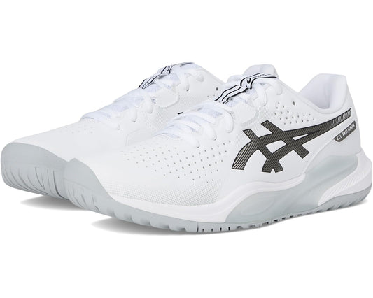 Men's ASICS white lace-up running shoe with gunmetal side logo and cushioned sole