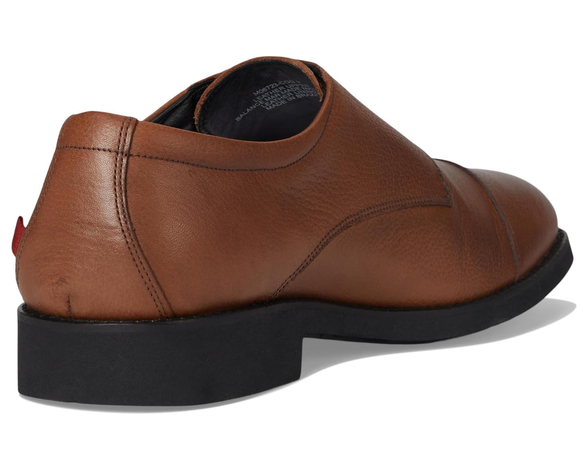 Men's cognac leather monk strap shoes, heel and padded collar view