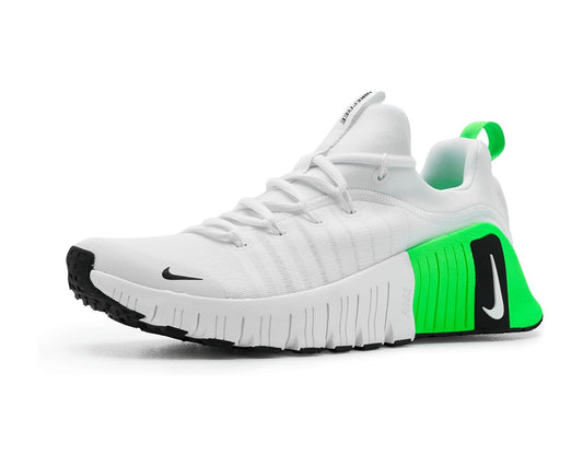 Men's Nike Free Metcon 6 shoe: white knit upper, neon green heel, black logo