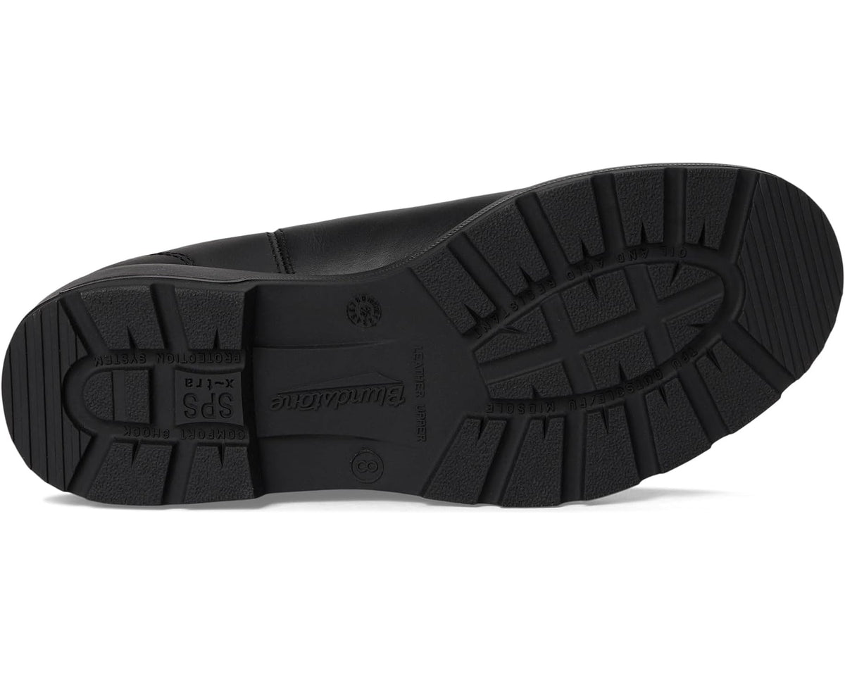 Blundstone BL566 black Chelsea boot outsole with deep tread and logo embossing