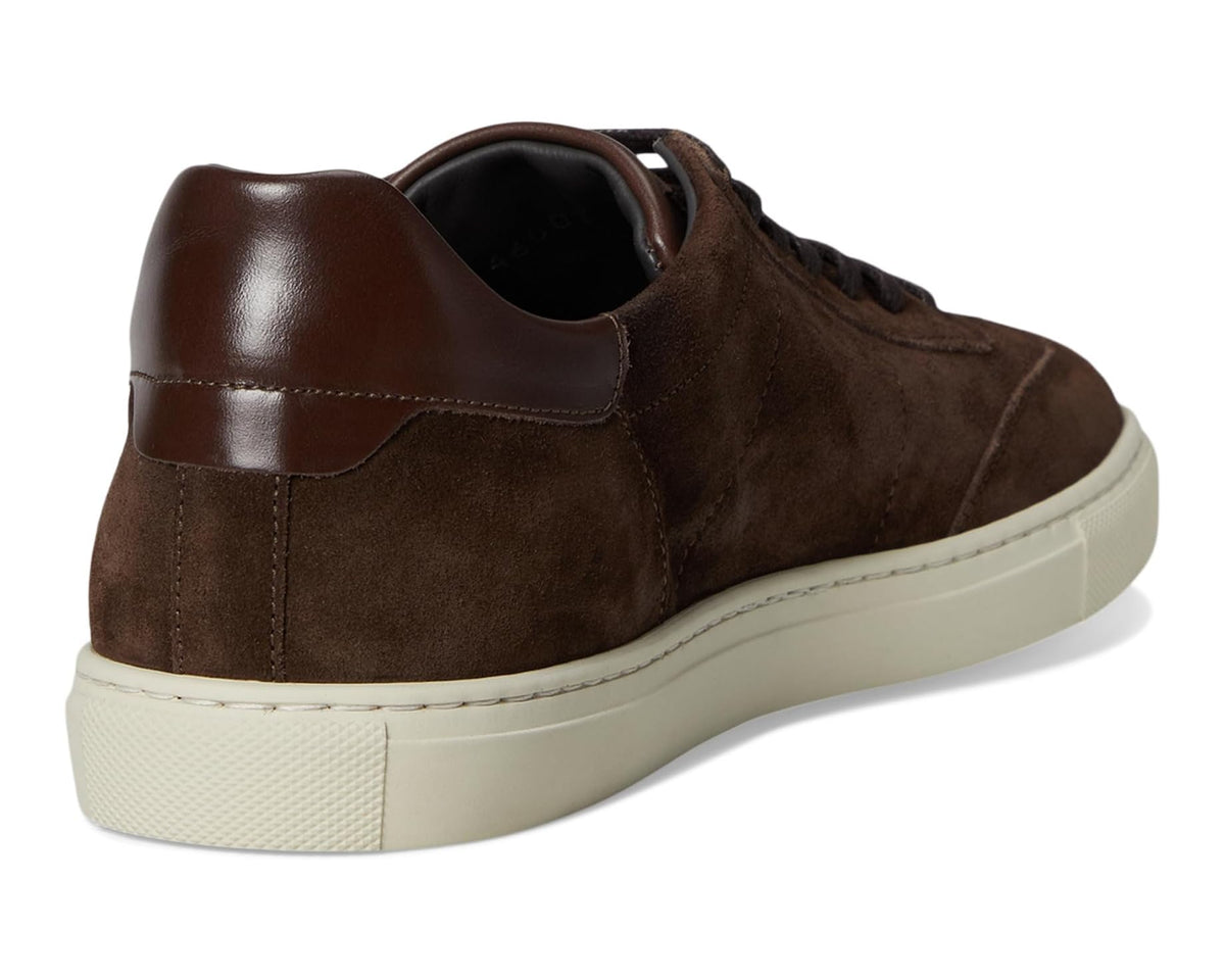 Dark brown suede sneaker with brown leather heel panel and white rubber sole