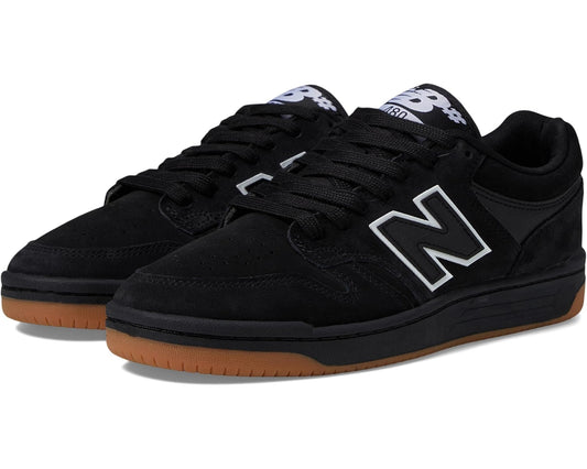 Men's New Balance 480 skate shoes in black with white N logo and gum sole