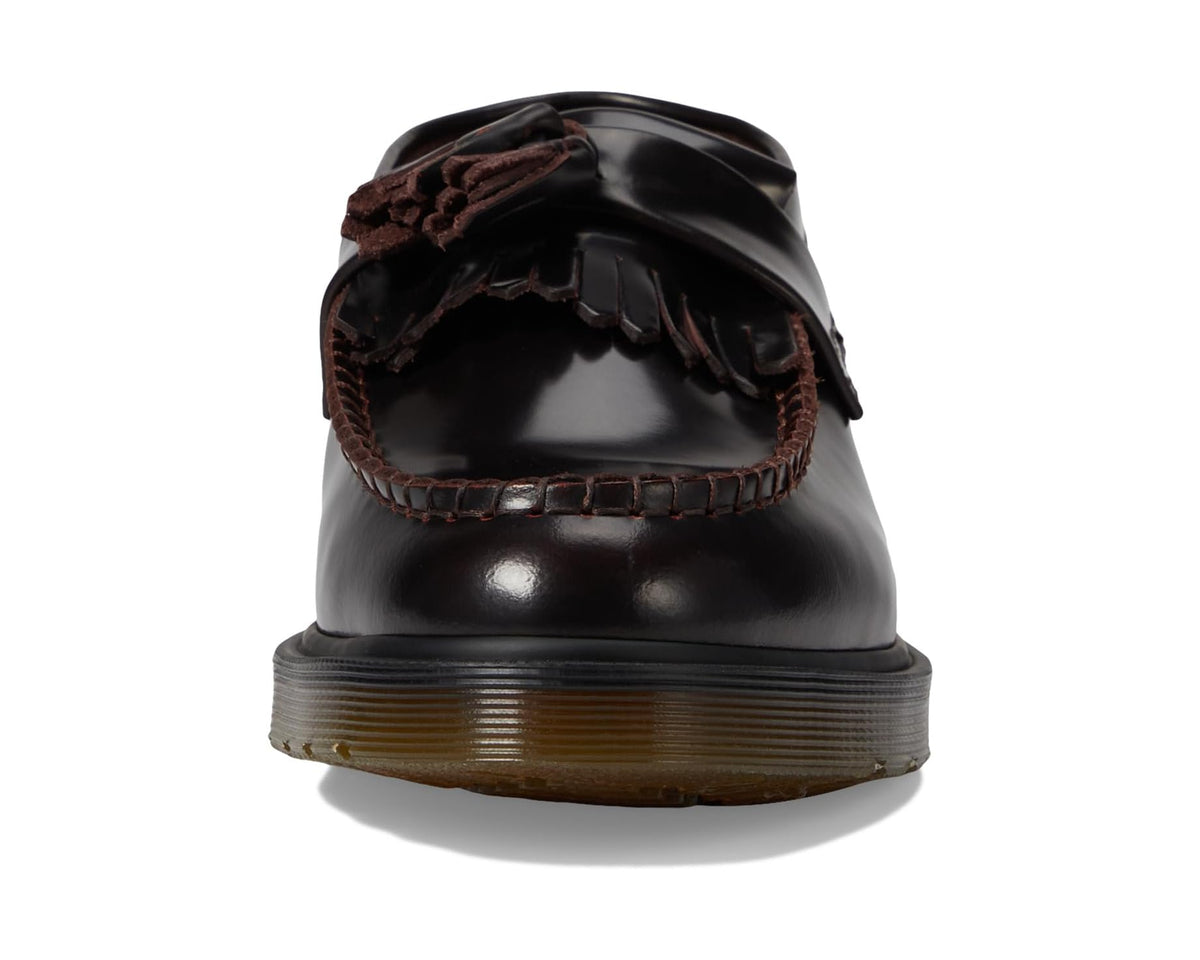 Dr. Martens Adrian loafer back view, dark leather with tassel trim, brown sole