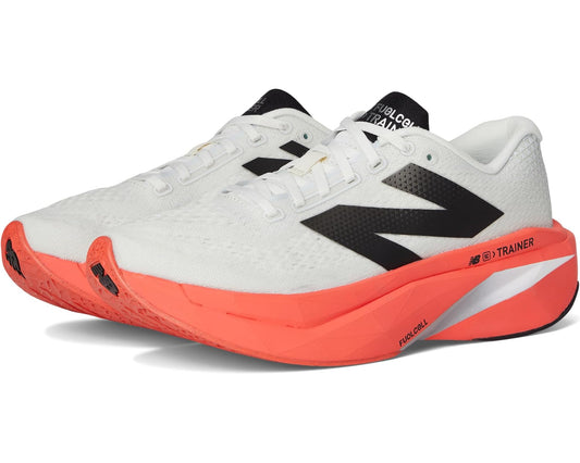 New Balance FuelCell SuperComp Trainer v3, white/black upper with urgent red sole, side view