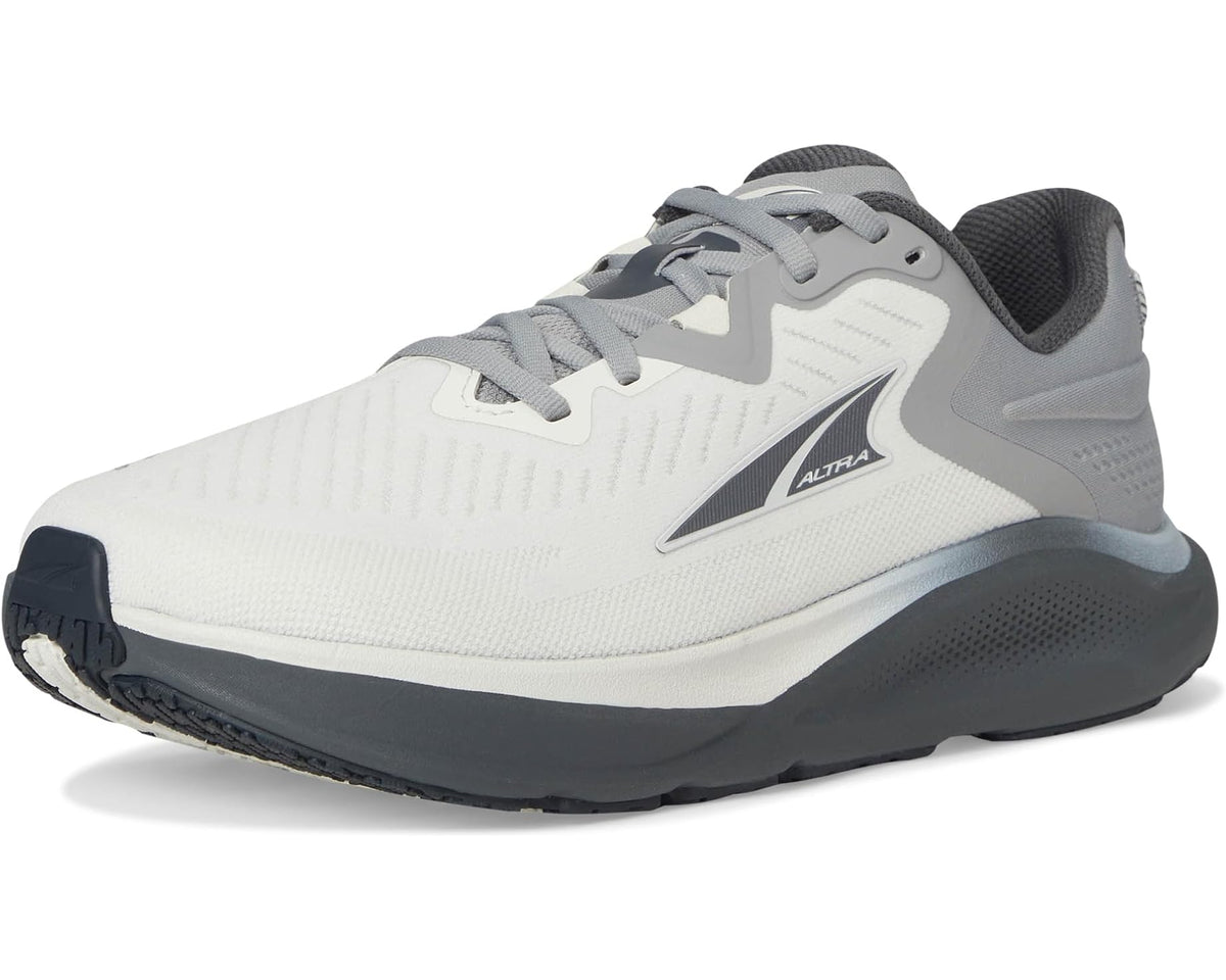 Men's gray running shoe three-quarter view with lace-up front and rocker sole