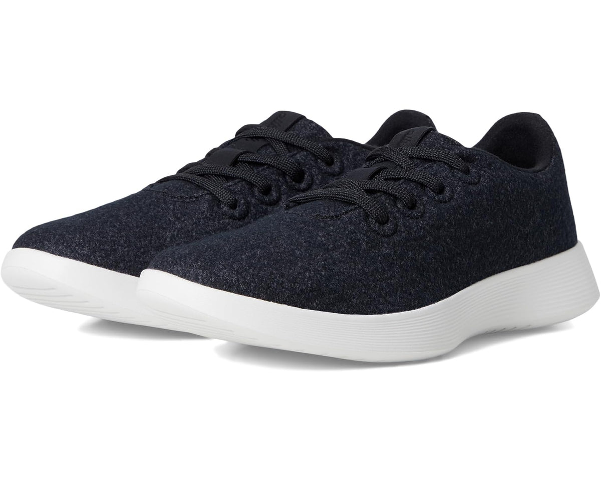 Allbirds wool runner sneakers, dark knit upper, lace-up, white rubber sole