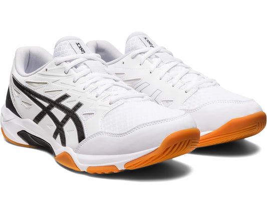 White volleyball shoe with black side stripes and orange outsole