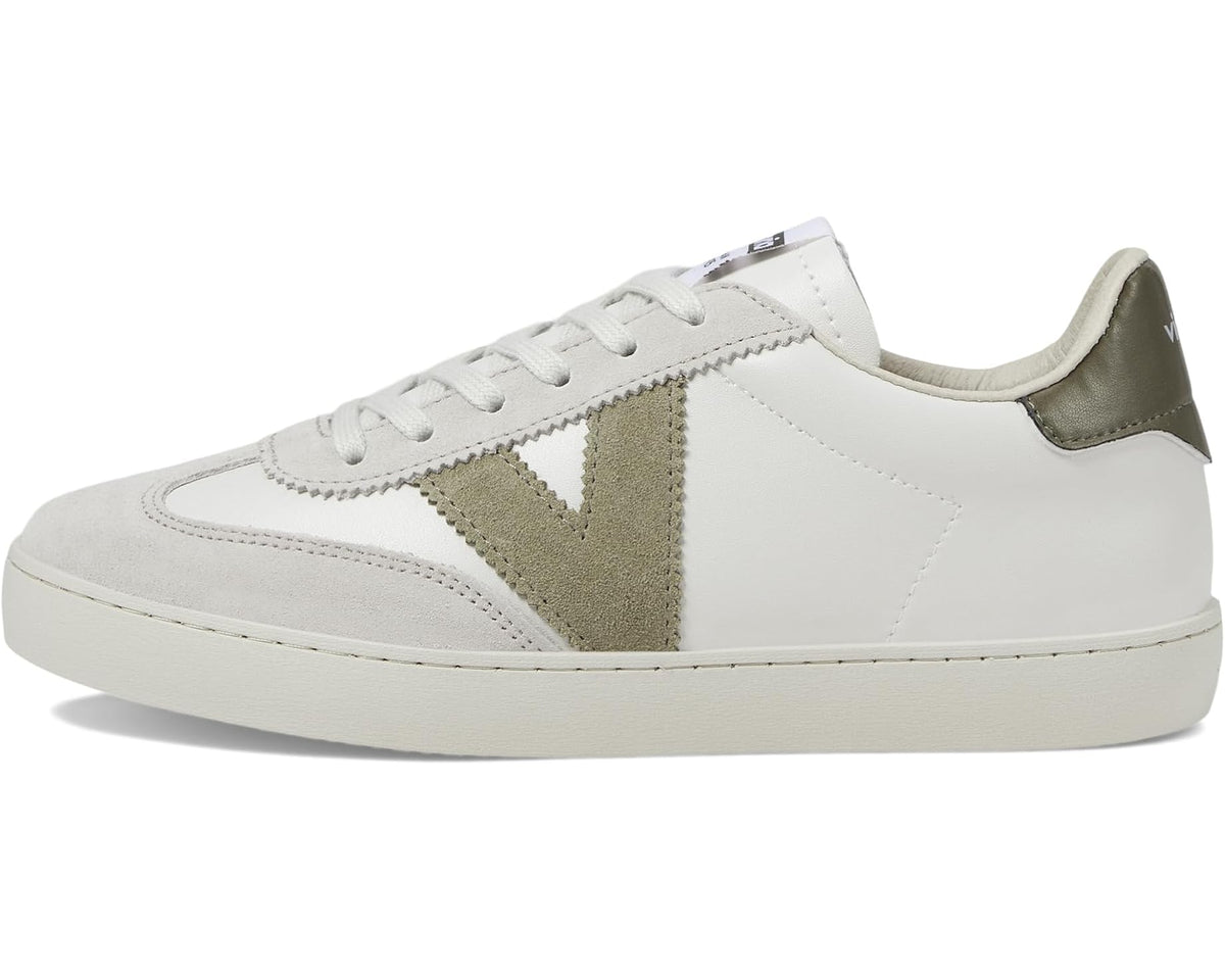 White low-top sneaker with olive suede triangle panel, lace-up closure, and logo tag