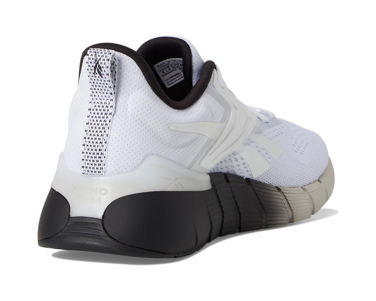 Reebok Nano heel view, white knit with black collar trim and padded cushioned sole