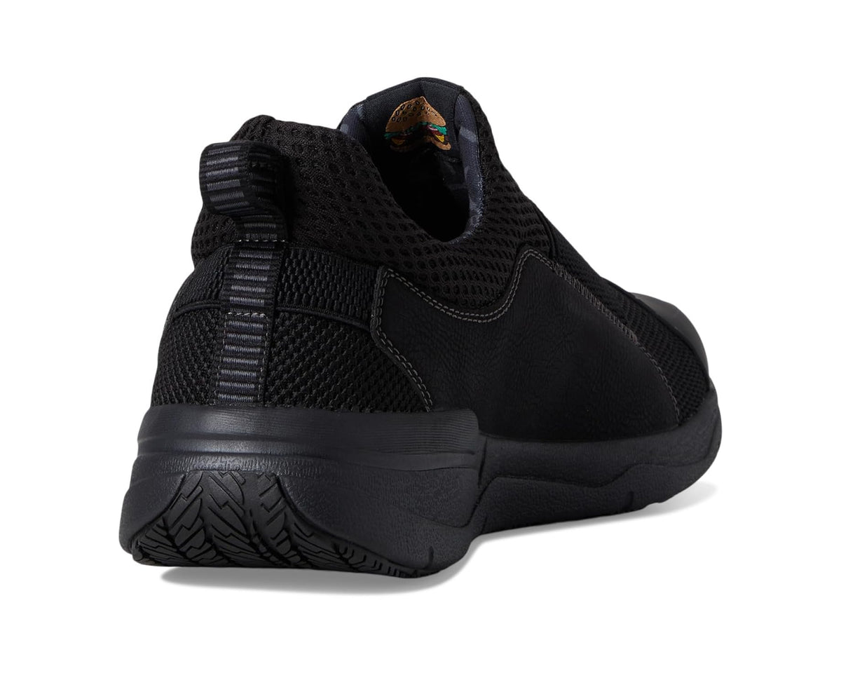 Black slip-on work shoe rear view with flexible heel and structured outsole