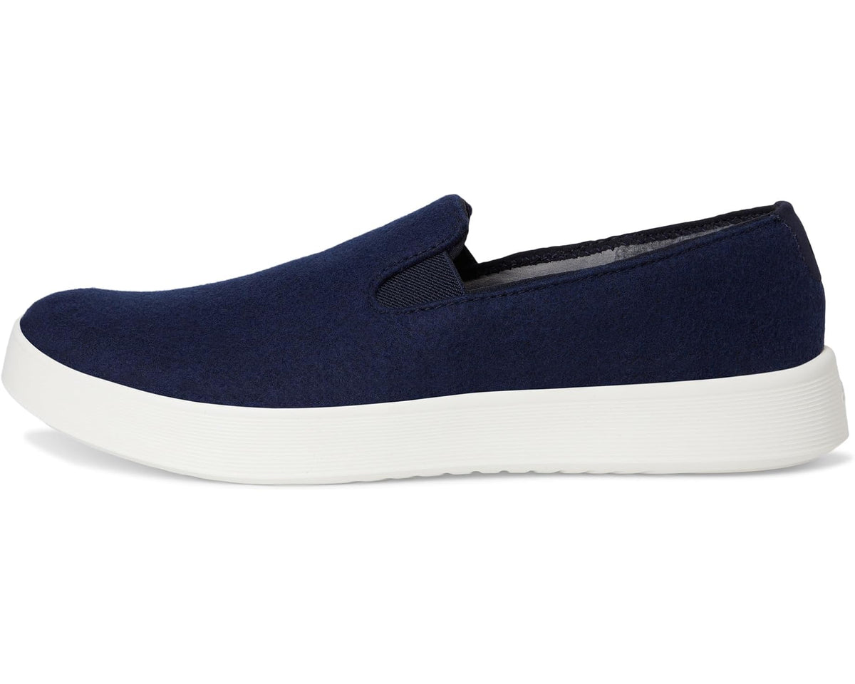 Dark navy wool cruiser slip-on shoes with elastic collar and white platform sole
