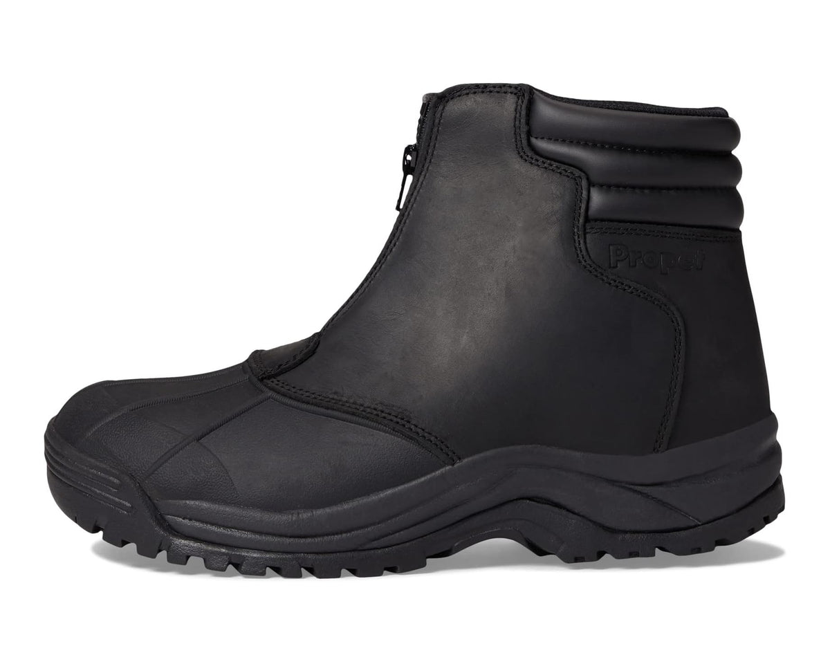 Men's Propet black mid-zip boot, side view with stitched overlays and thick sole