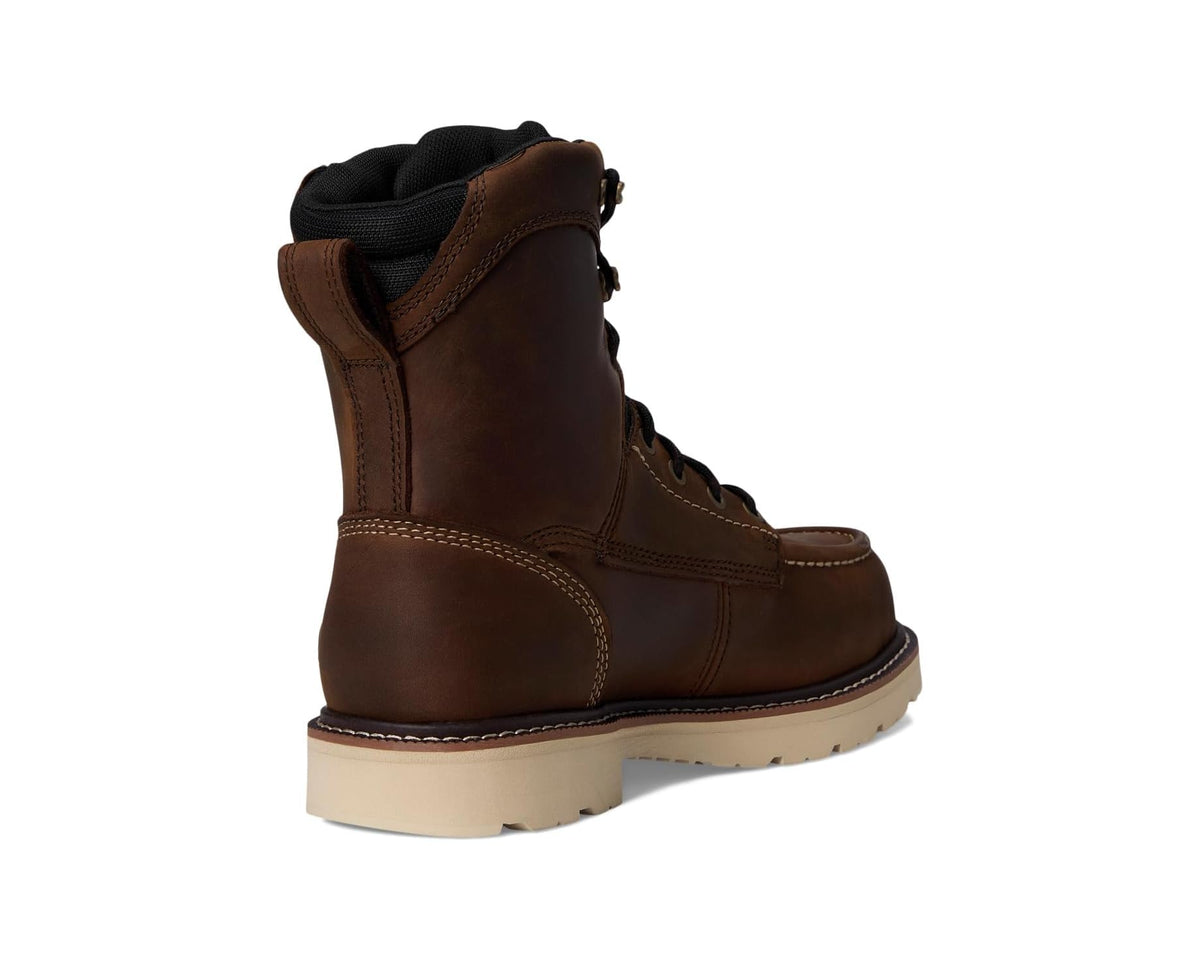 Brown work boot with back pull tab, padded collar, and lace closure