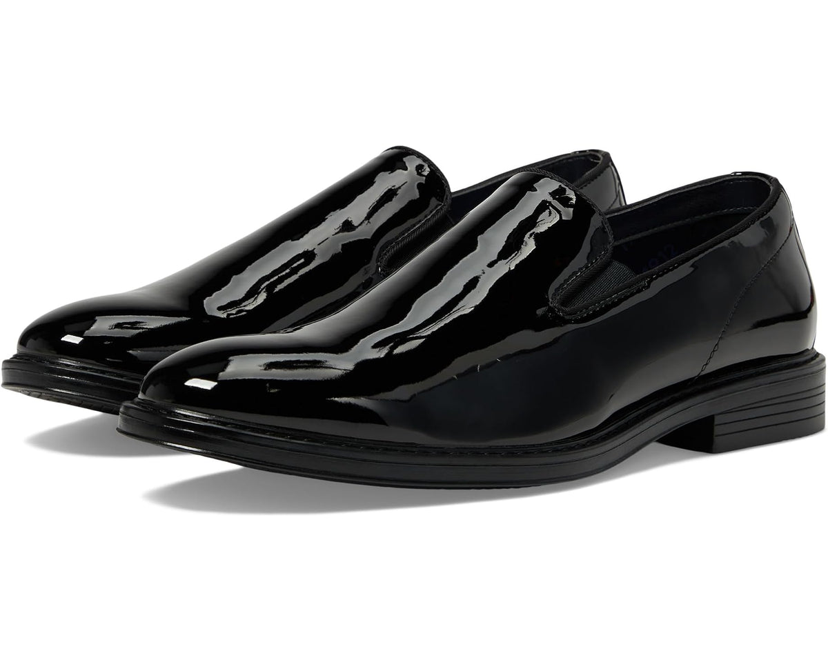 Men's black patent slip-on dress shoe with plain toe and low stacked heel