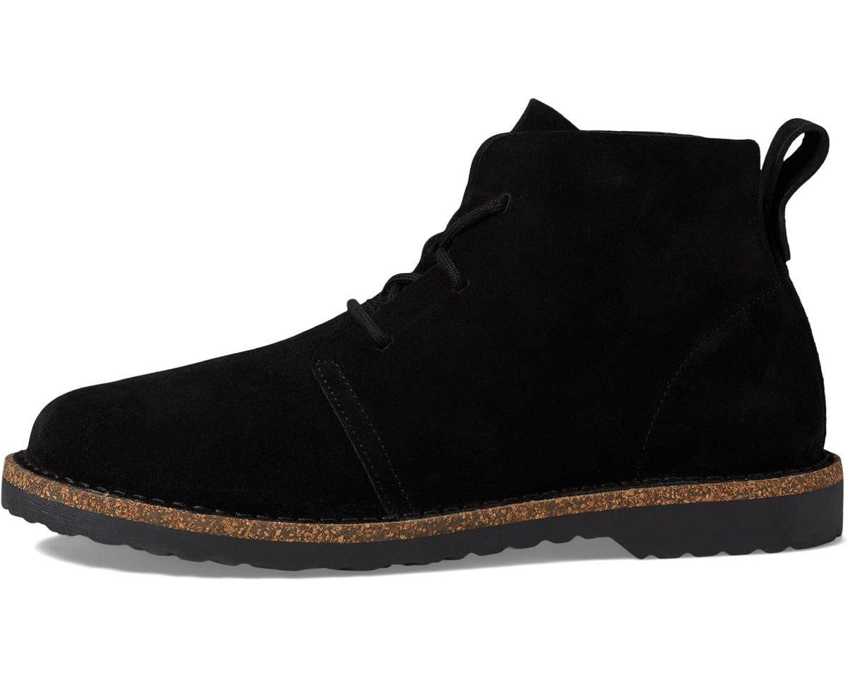 Black suede mid lace-up chukka boots with lace-up front and cuff