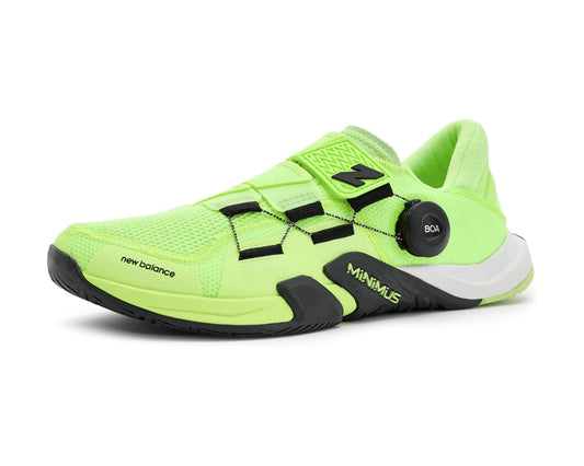 Neon green New Balance Minimus TR V2 running shoe with BOA dial and black accents