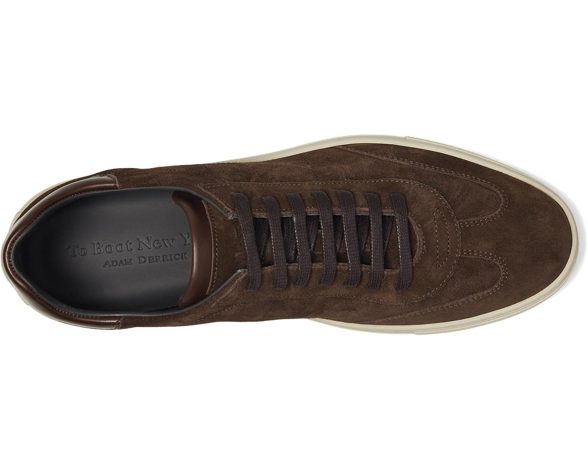 Dark brown suede sneakers, side and toe view with lace closure and white outsole
