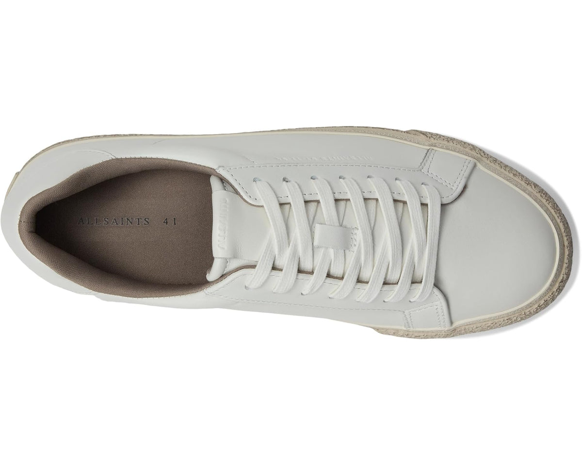 Men's white leather low-top sneakers, lace-up toe and interior lining view