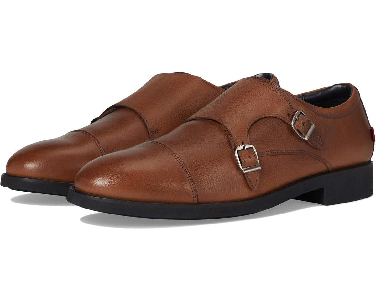 Men's cognac leather monk strap shoes with two silver buckles