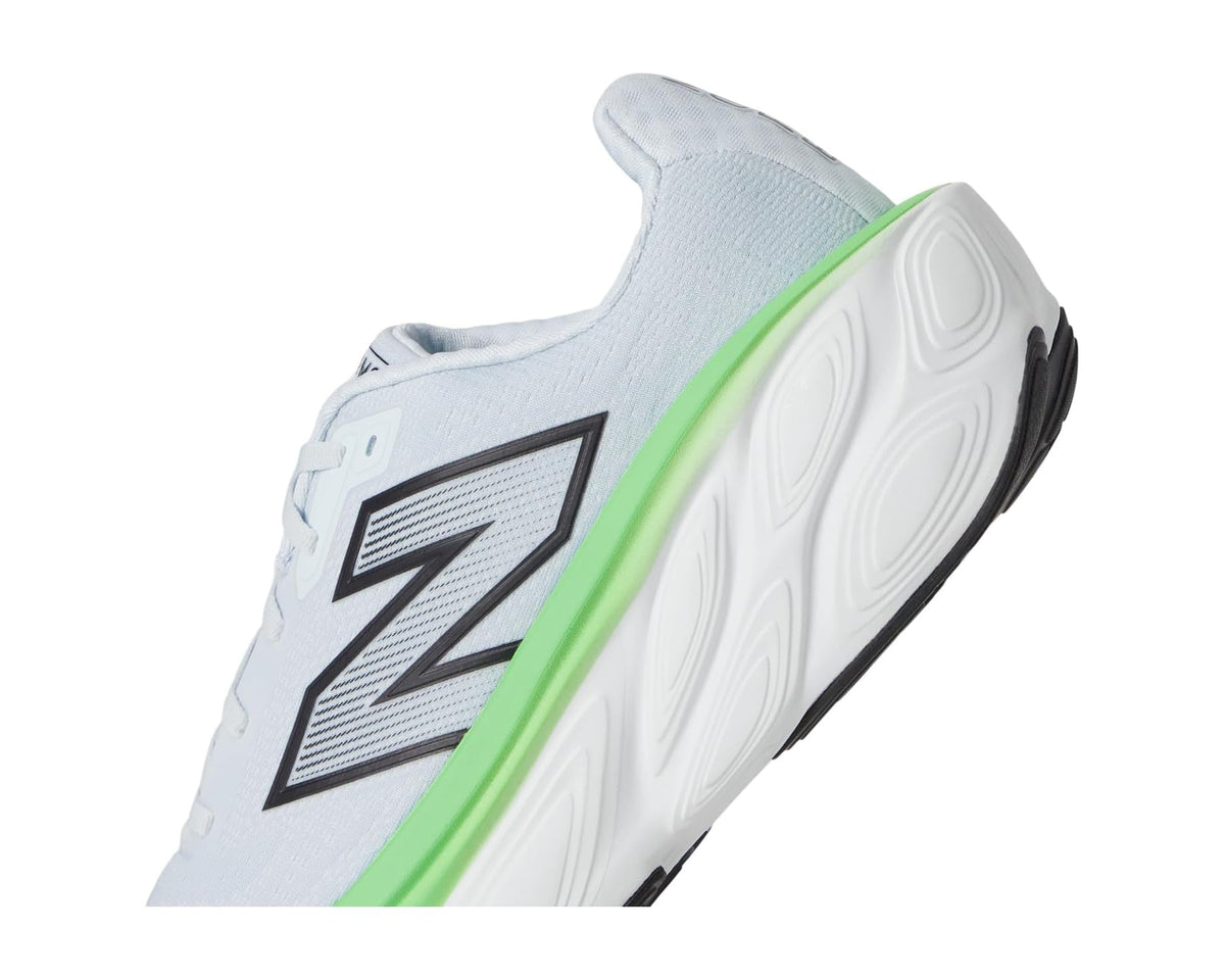 Men's New Balance Fresh Foam X More v5 close side view, light blue with black N logo
