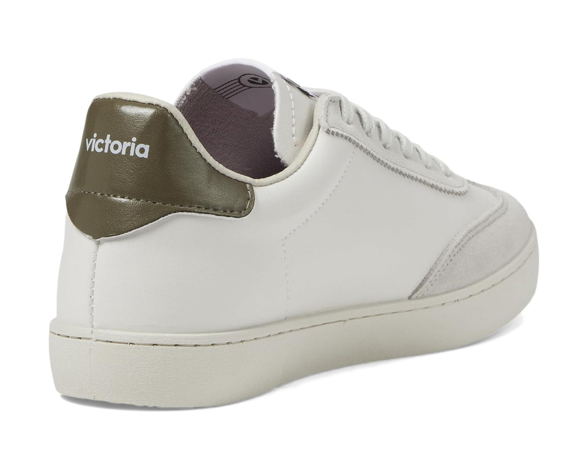 White sneaker with olive heel patch, padded collar, and lace-up closure