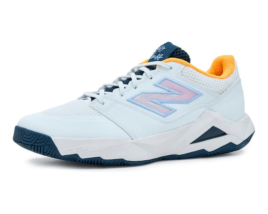 Men's New Balance tennis shoes, light blue upper with orange and navy accents