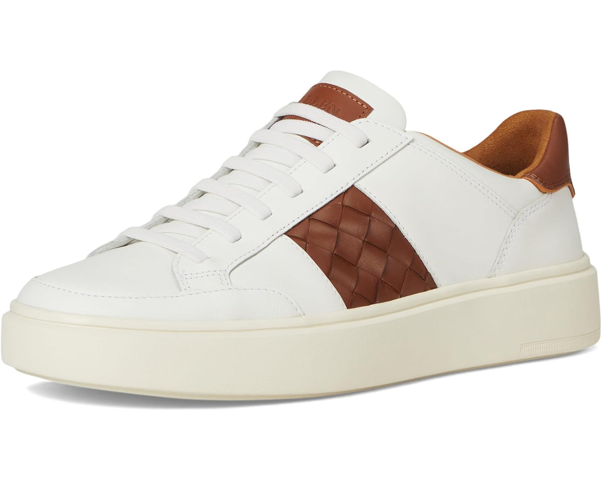 Men's white woven leather slip-on sneakers with brown accents and low profile sole