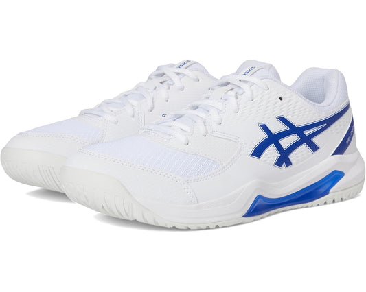 Men's ASICS lace-up running shoes in white with blue accents, Gel-Dedicate 8 design