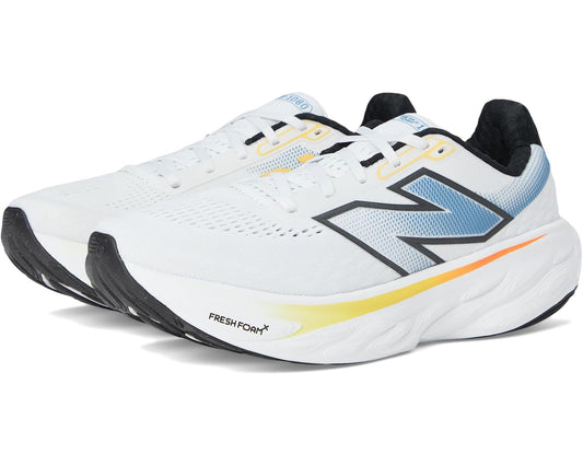 Men's white running shoe with blue and yellow accents, black heel collar, lace-up