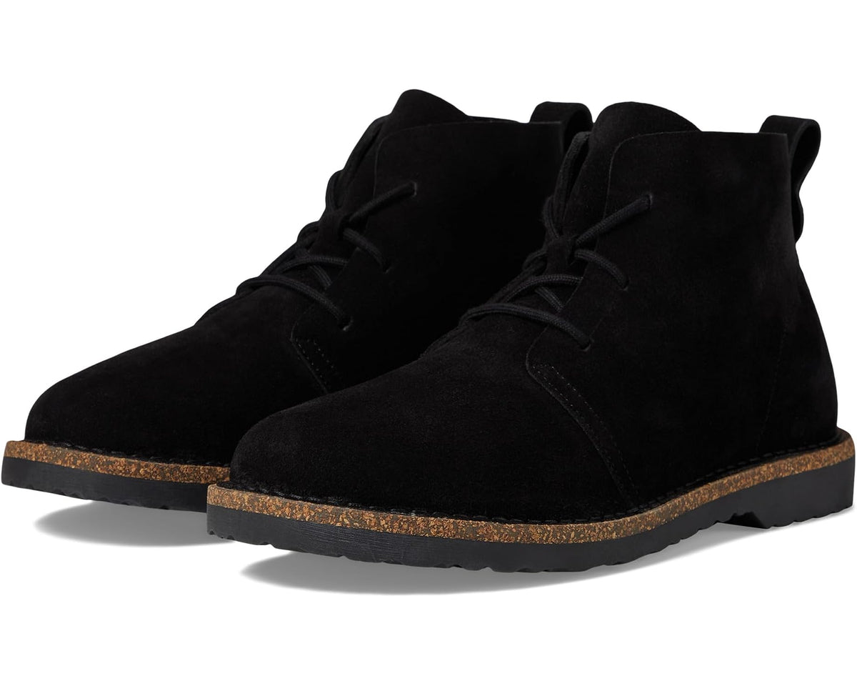 Black suede mid lace-up boots with textured cork-toned sole edge