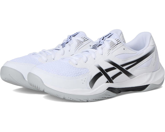 Men's ASICS Gel-Rocket 12 lace-up tennis shoes, white with black stripes and gray sole