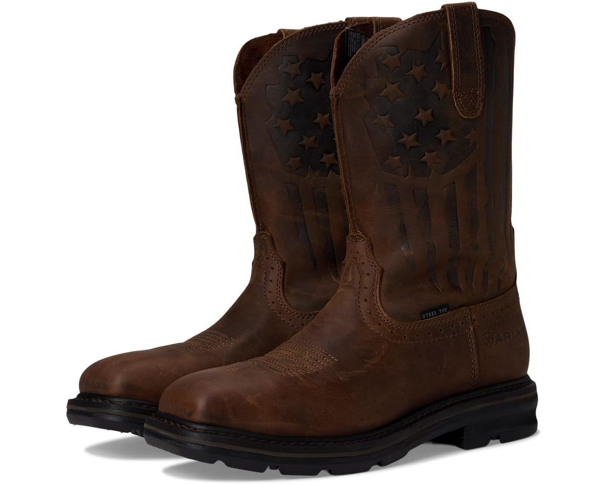 Men's Ariat Sierra Shock Shield Patriot Steel Toe Work Boots Distressed Brown