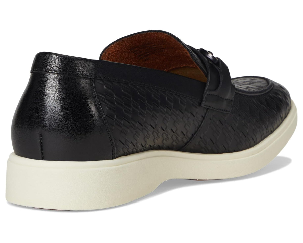 Black moc toe slip-on loafers rear view with tan insole and padded collar
