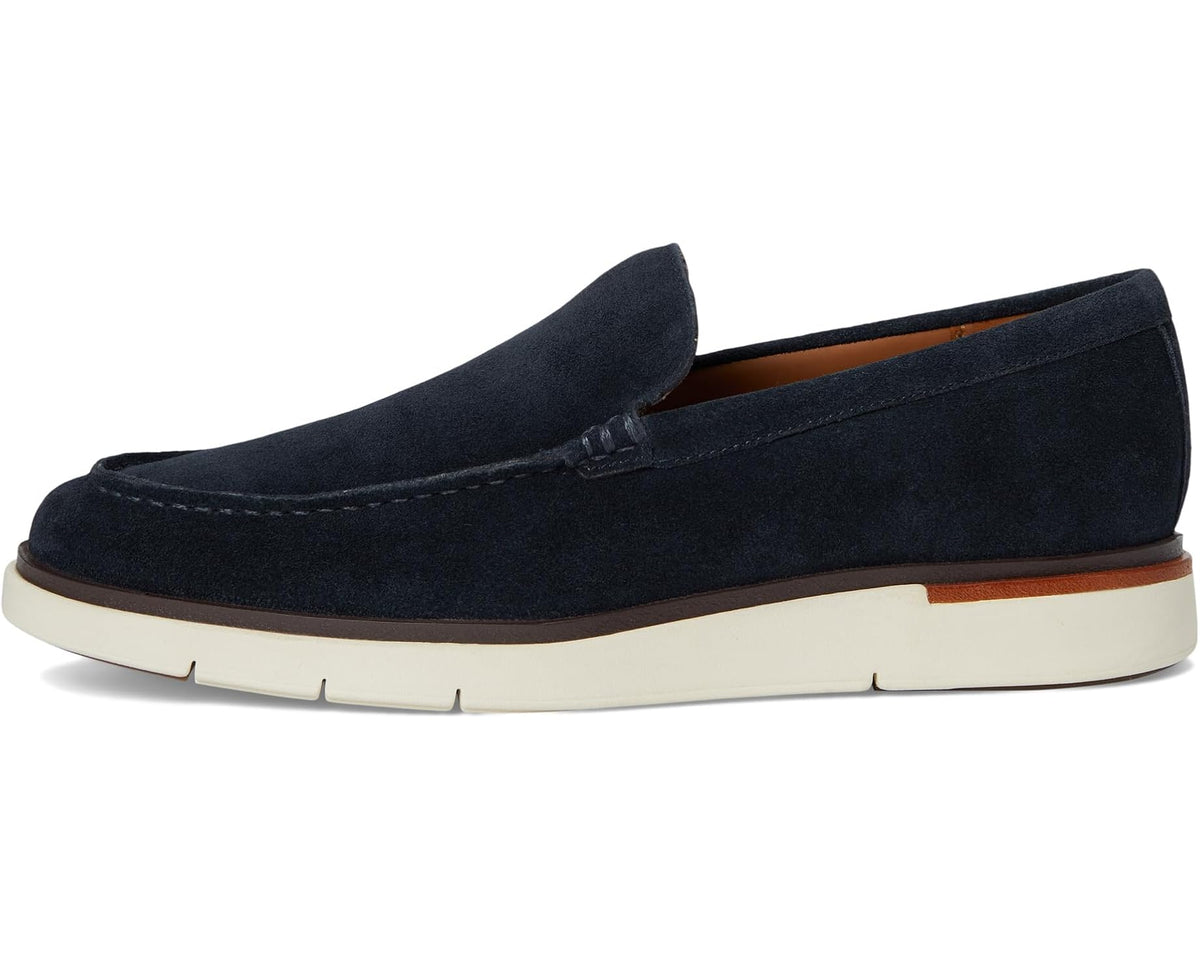 Men's navy suede Venetian loafer slip-on with stitched vamp and rubber cupsole