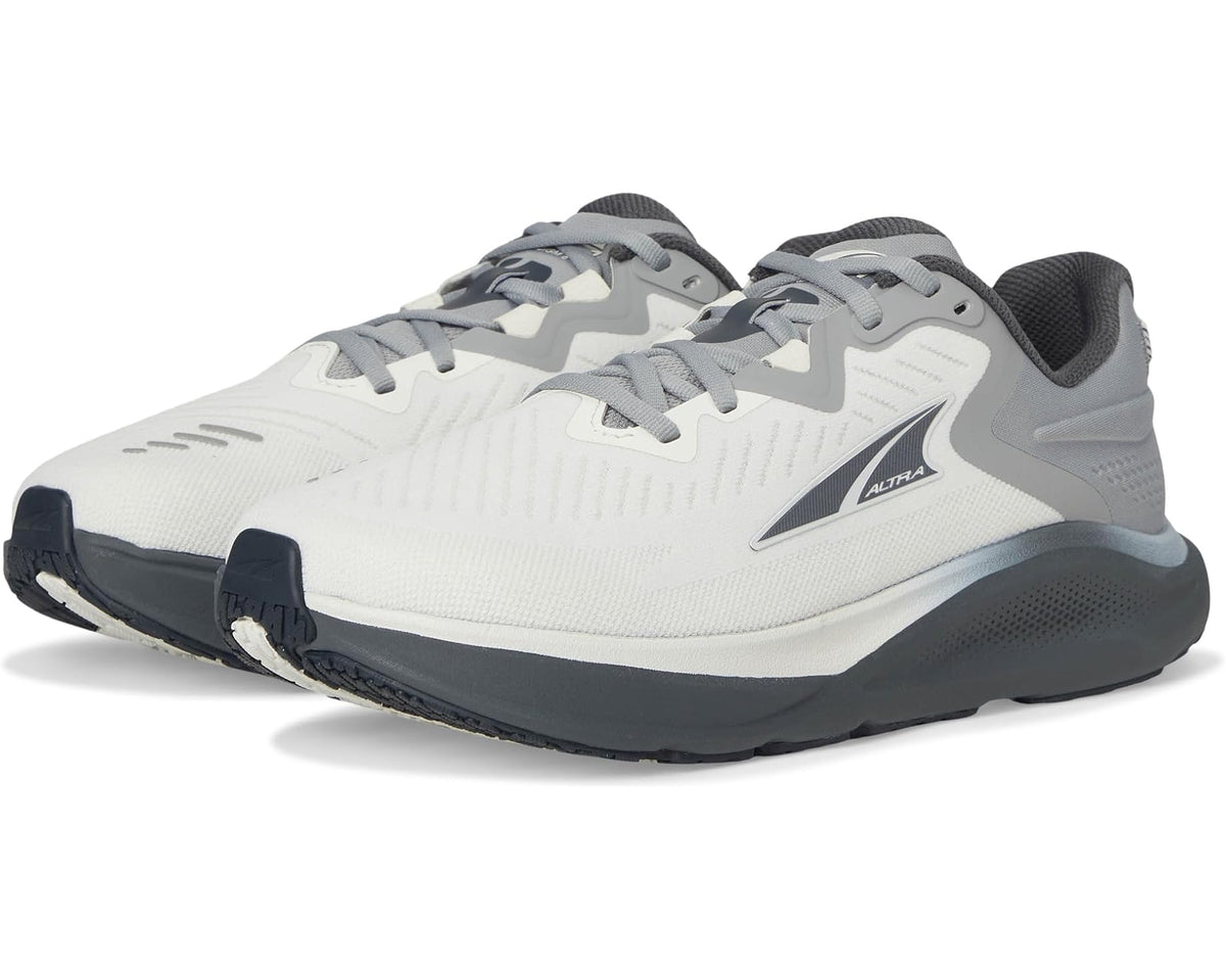 Men's gray running shoe with lace-up knit upper and cushioned midsole
