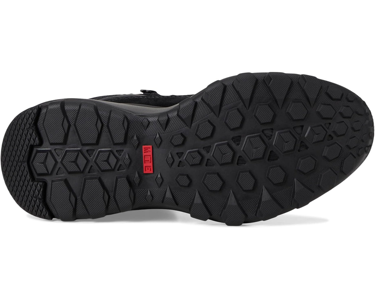 Black boot outsole with raised traction tread and hex-pattern grips