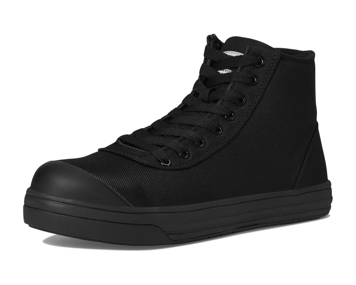 Black high-top work boot with lace-up front and protective toe cap