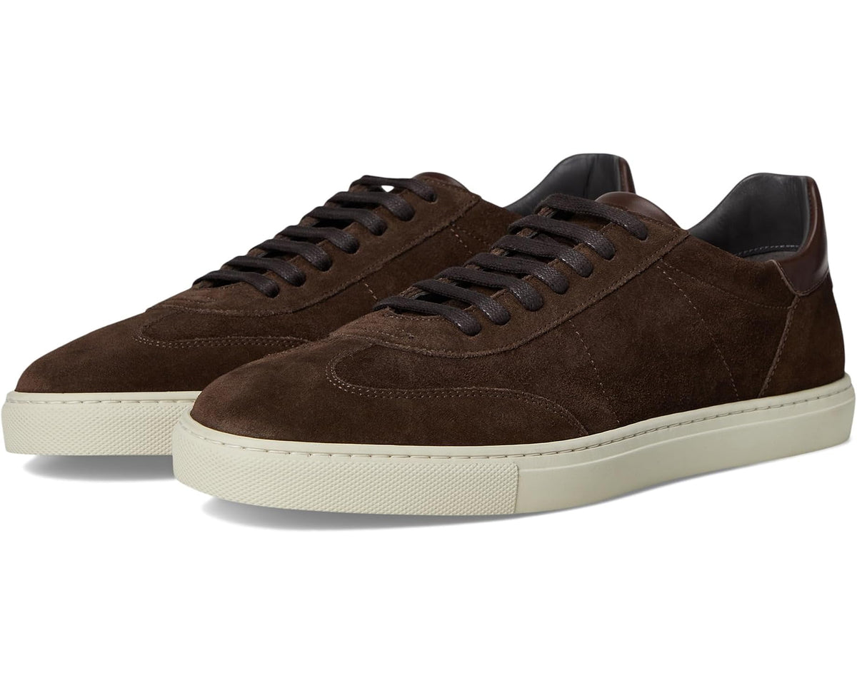Dark brown suede low-top sneakers with lace-up design and white rubber sole