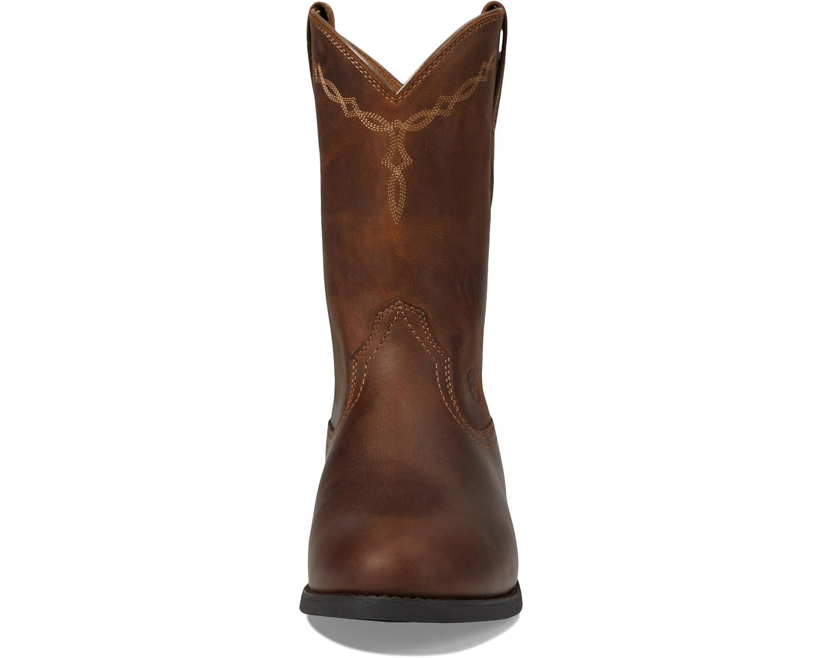 Men's distressed brown roper boot, tall pull-on shaft with decorative stitching and emblem.