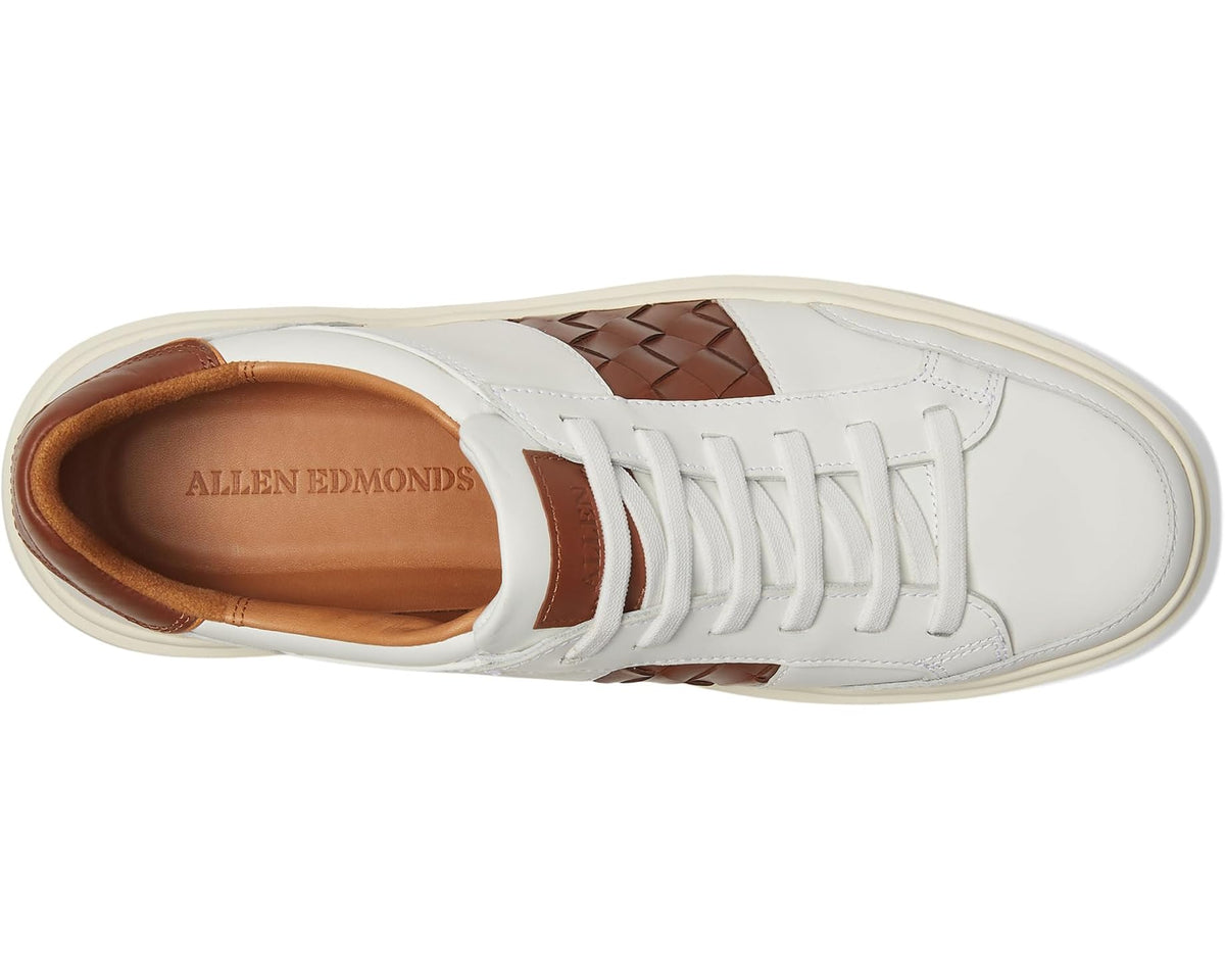 Men's white sneakers, brown leather interior and woven quarter panel, lace-up style