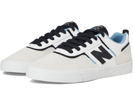 White skate sneakers with black N logo, blue trim, black laces, low-profile sole