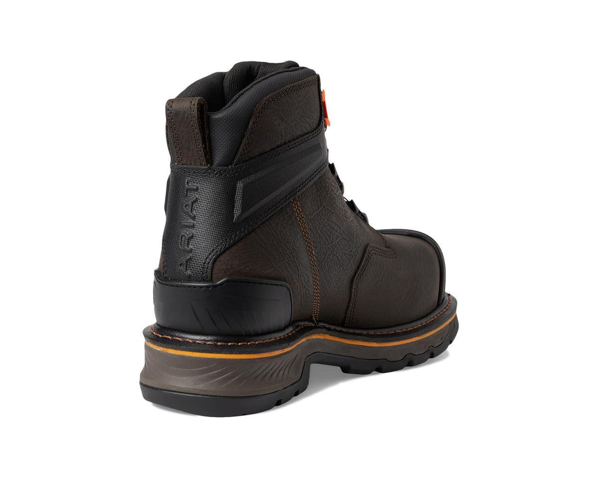 Work boot heel and collar with pull tab, cushioned padding, orange edge trim
